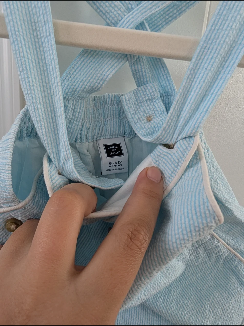 Janie and Jack Light Blue Seersucker Overalls Bubble Romper